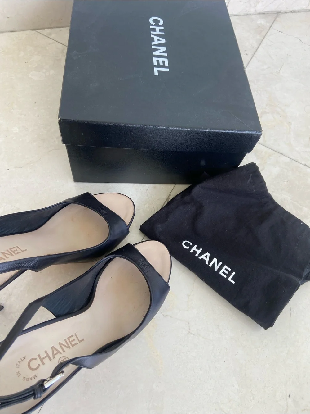 CHANEL Black Leather Open-Toe Slingback Heels 39.5 in Box with Dust bag